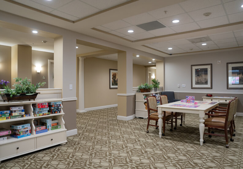 Activity Area with Games and Seating at Memory Care Facility Activity Area with Games and Seating at Memory Care Facility