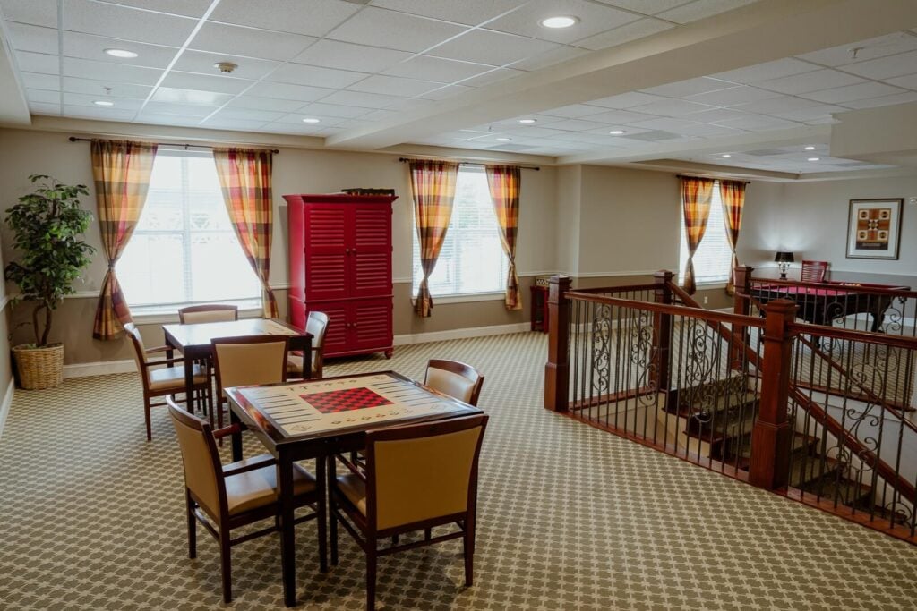 Upstairs Game Room with Checkers Tables at Assisted Living Facility