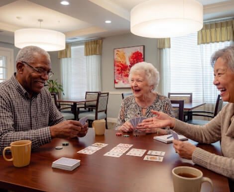 Elderly Friends Enjoying Card Games at Assisted Living Facility Elderly Friends Enjoying Card Games at Assisted Living Facility